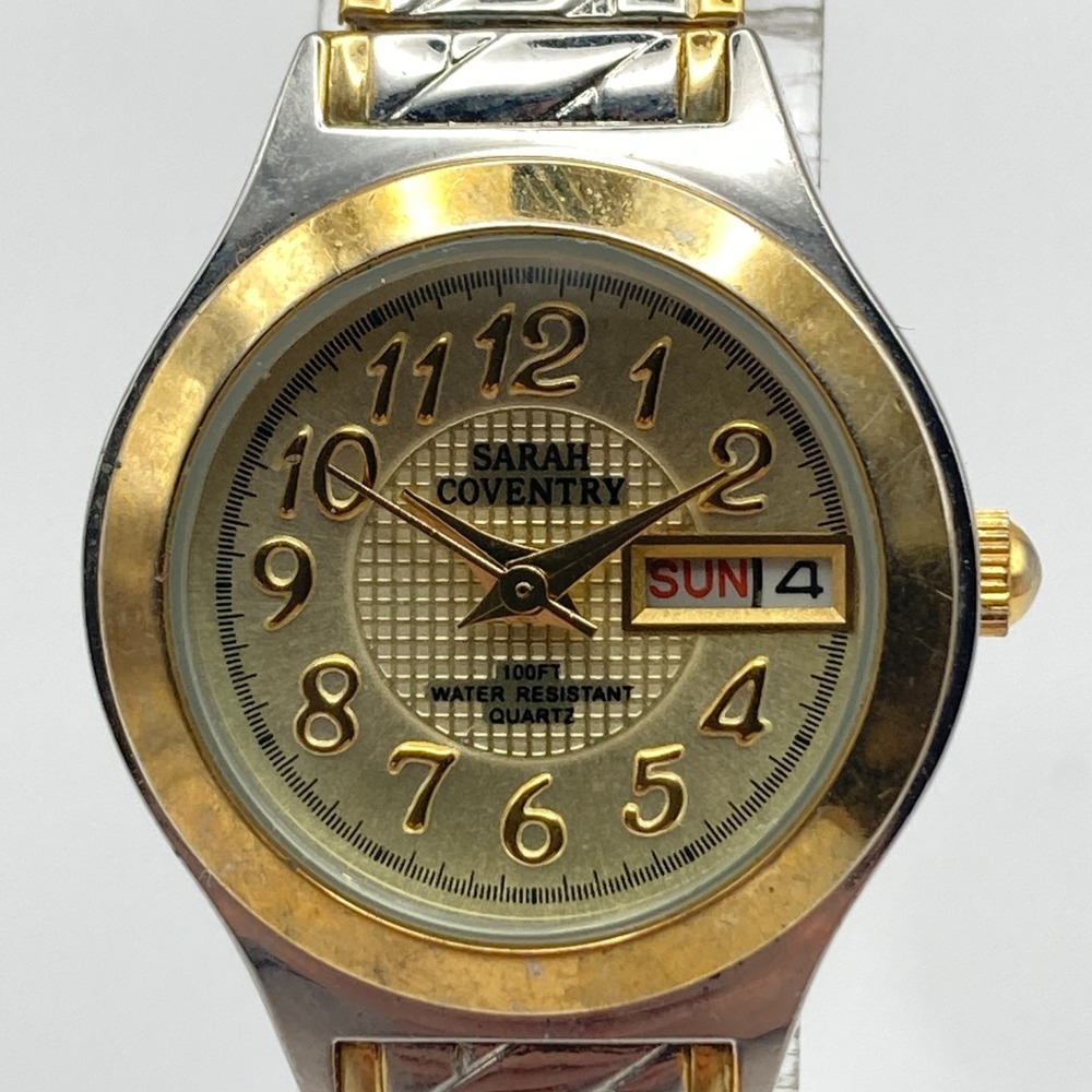 Vtg Sarah Coventry Women Watch 24mm Gold Silver Tone Day Date Stretch New Batter